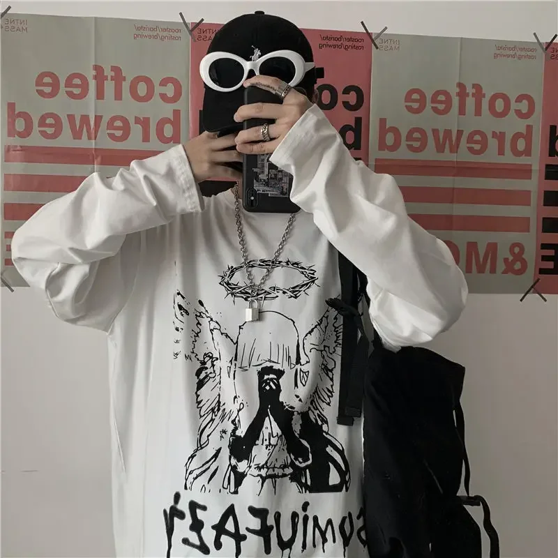 Herren T-Shirt für den Herbst, Langarm-Shirt mit Rundhalsausschnitt, Übergroßes Gothic Dark Academia Y2k T-Shirt, Herren-Oberteil – Detail 9