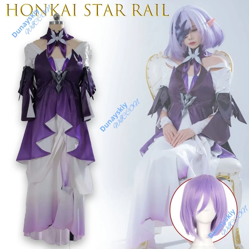 

Костюм для косплея Honkai Star Rail Dark Polyxia: Фиолетовый плащ Starlight с светящимися рунами, вышивкой и эффектом звездной пыли, полупрозрачный.