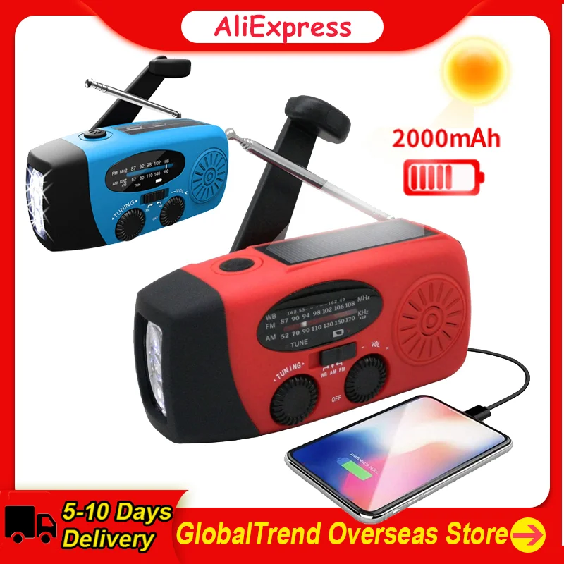 Emergency Radio Hand Crank Solar Weather Radio 2000mAh AM/FM Emergency Weather Radio with Power Bank Solar Charging Hand Crank