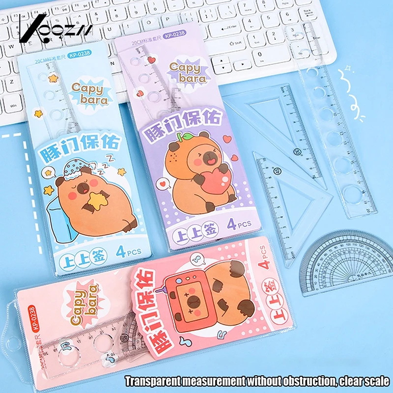 

4Pce/set Cute Cartoon Capibala Ruler Transparent Stationery Set Stationery Student Triangle Ruler Protractor Plastic Ruler