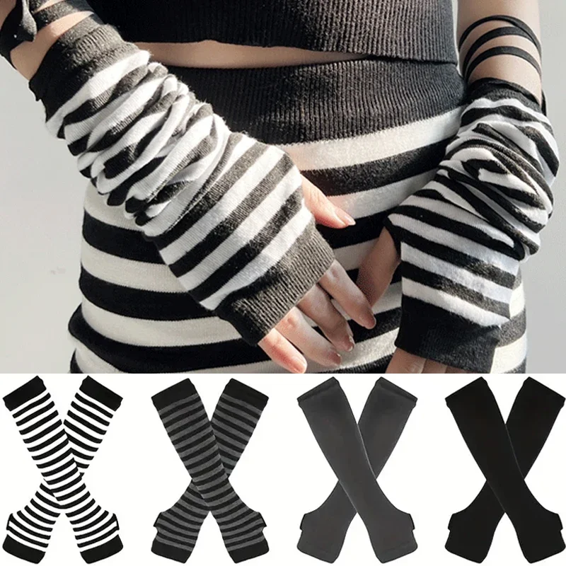 Black Punk Long Fingerless Gloves Cuff for Women Men Outdoor Hip-hop Glove Elbow Mittens Cool Stretch Winter Arm Warmer Mitten