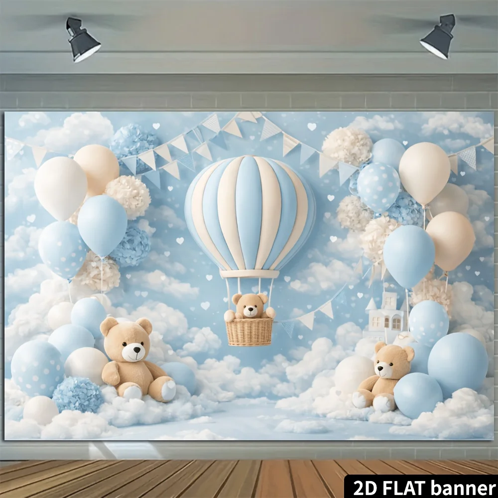 Ein 2D-Hintergrundbild mit blauen und weißen Heißluftballons, mit Luftballons, Hortensien und einem Bären, der auf den Wolken sitzt. – Detail 5