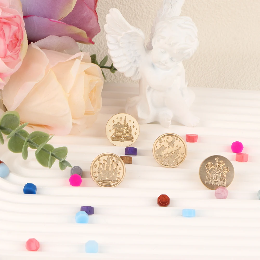 1pc Round Wax Seal Stamps Castle Firework Night Moon View Pattern 25mmRemovable Brass Head for DIY Invitation Greeting Cards