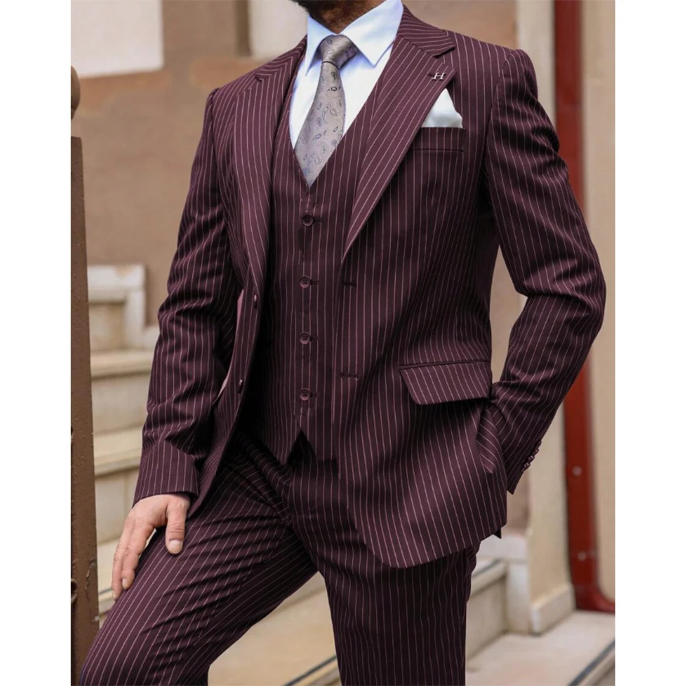 

Luxury Stripe Men's Suits 3 Pieces Jacket Vest Pant Sets Single Breasted Notch Lapel High Quality Male Banquet Wedding Clothing