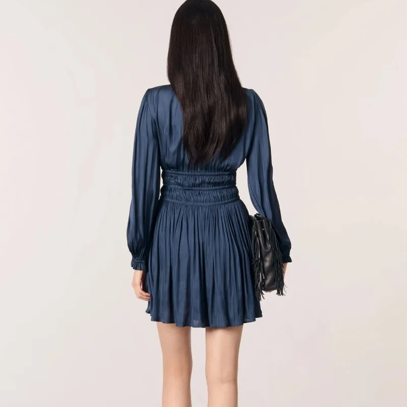 Vestido de mujer elegante de diseñador de lujo, tela de seda simulada con cuello en V para fiesta y vacaciones, ropa femenina glamurosa de Color sólido