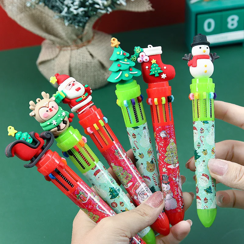 

Рождественская десятицветная шариковая ручка с рисунком Санта-Клауса, разноцветная ручка, цвет одной рукой, праздничные подарки обратно в школу