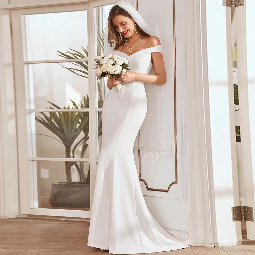 BAZIIINGAAA Plain Solid Color Off Shoulder Mermaid Wedding Dress