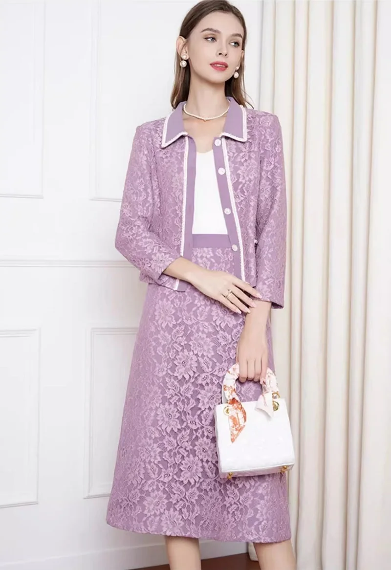 Top Quality New Fashion Designer Clothing Sets 2023 Autumn Winter Lace Coat Jackets+Mid-Calf Length Purple Lace Skirt Suits Set