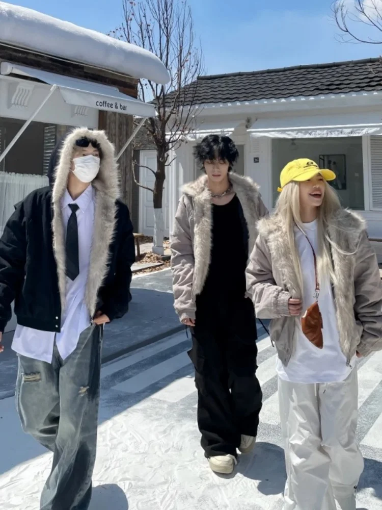 

Thiened Fce Хлопковое пальто с капюшоном на подкладке Мужское зимнее хлопковое пальто с капюшоном из овечьего меха Американская рабочая одежда Джет Молодежный тренд