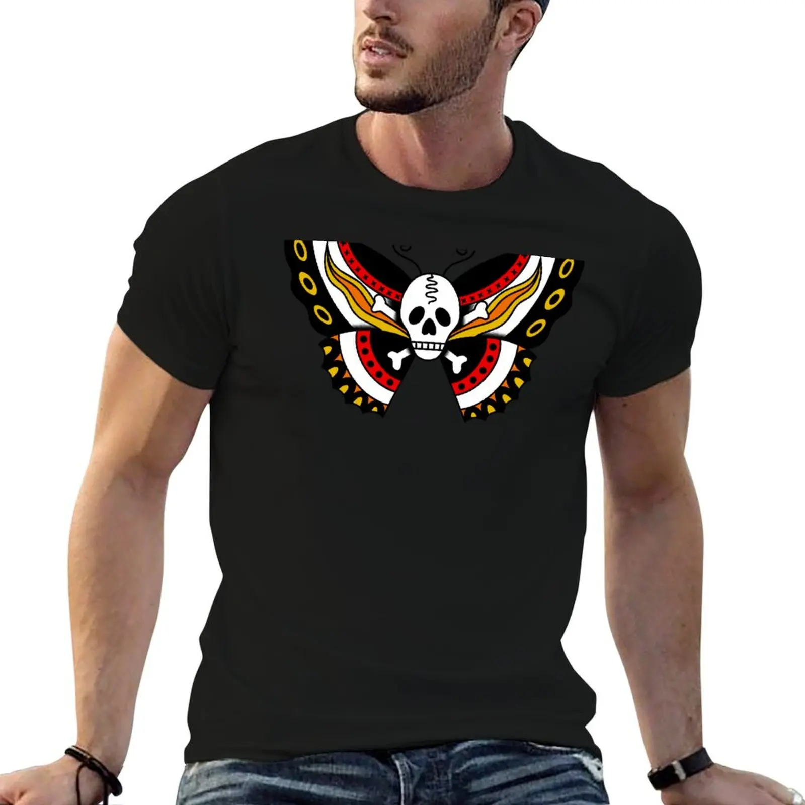 Skull and Crossbones Butterfly, kgbd death head moth Tattoo T-Shirt vintage clothes blue archive men workout shirt