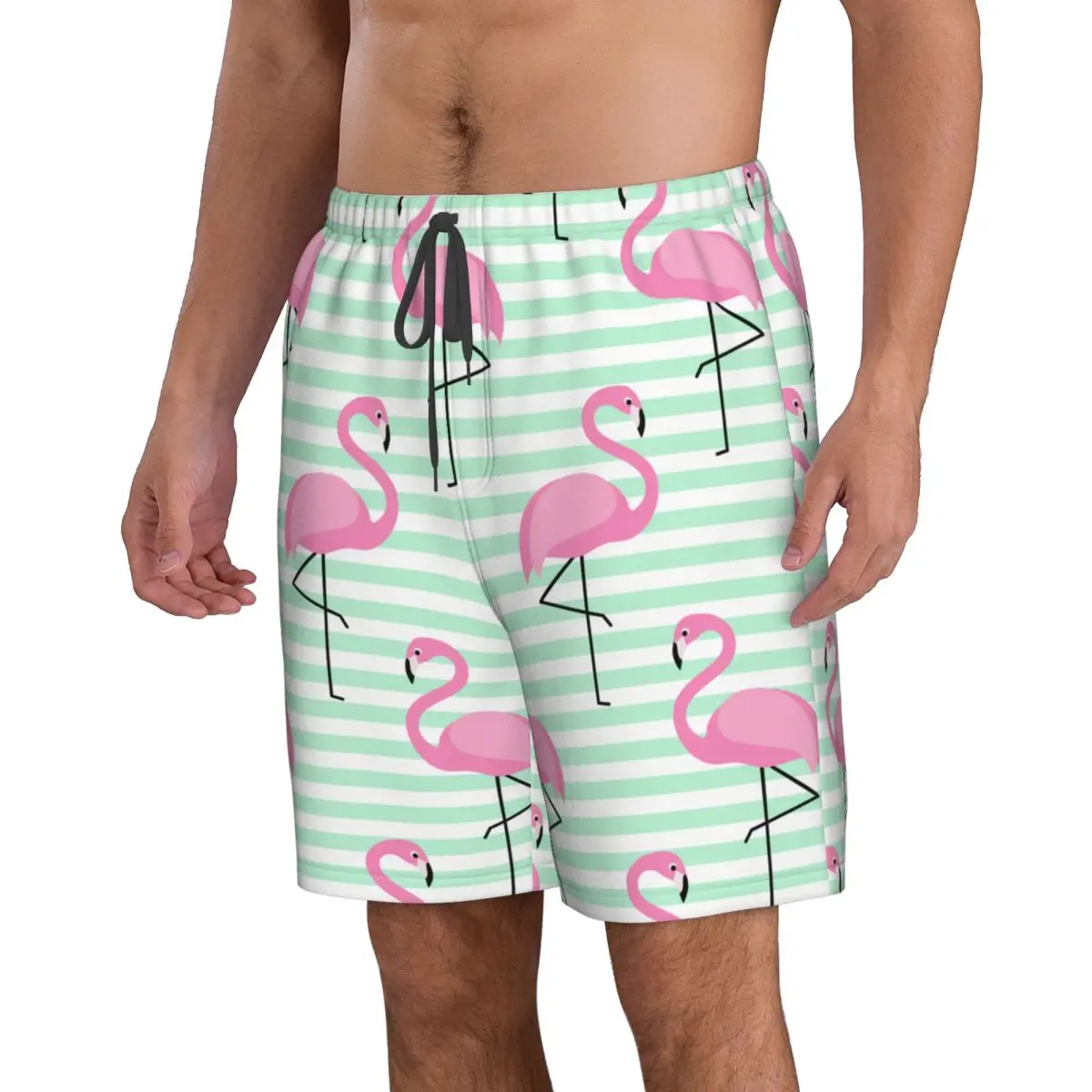 Flamingo Pattern On Stripped Beach Board Shorts Swimming Swimsuits Surfing Shorts Swimwear Shorts