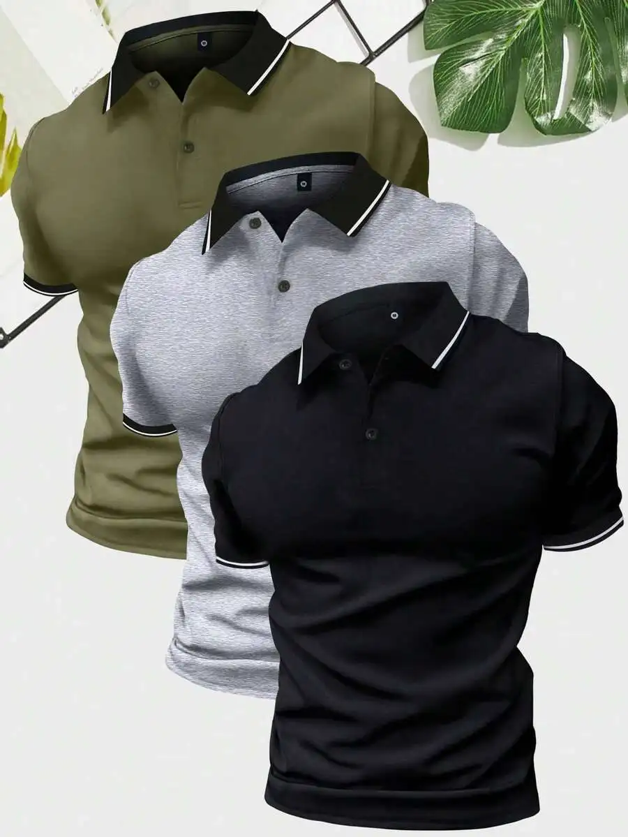 

Набор из 3 мужских однотонных рубашек-поло с коротким рукавом, повседневный деловой стиль