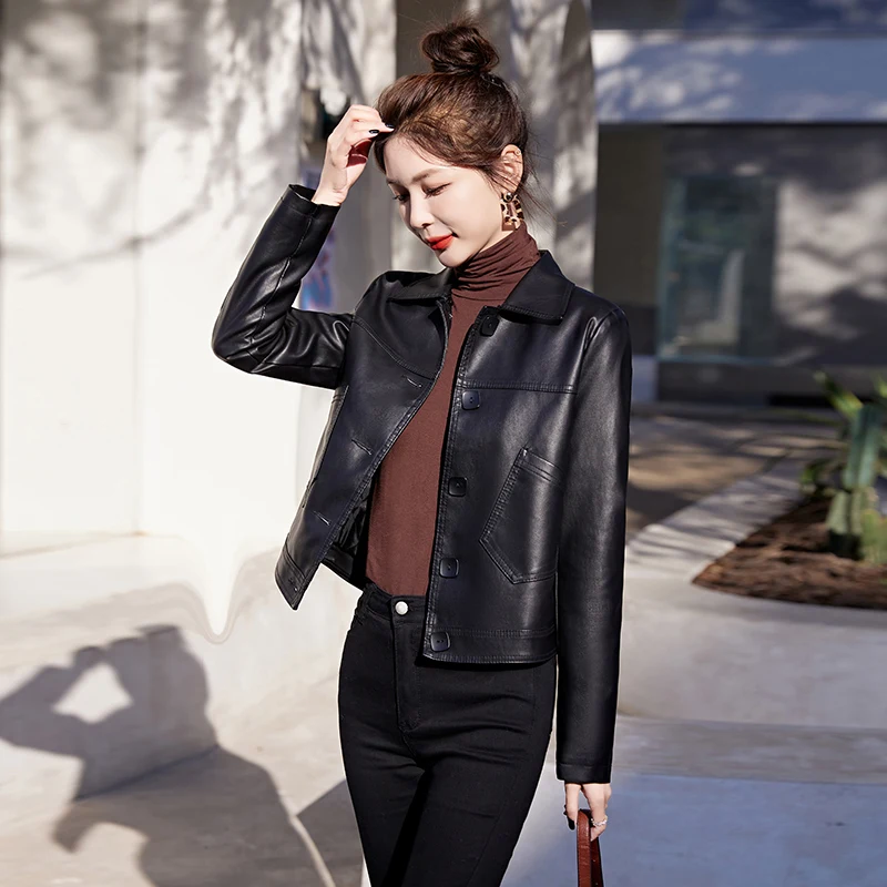   Ning جلد طبيعي Jaet المرأة ort Sle 2025 جديد ربيع الخريف Faion سليم صالح دراجة نارية eep معطف جلد