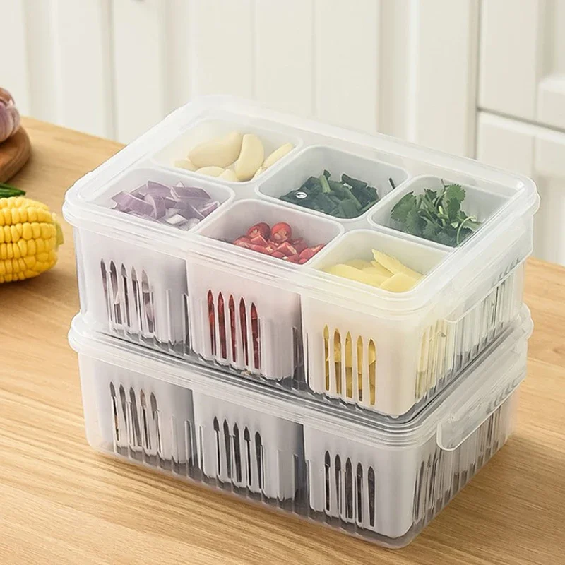 4/6 Grid Food Vegetable Fruit Storage Box Refrigerator Plastic Container Kitchen Preservation Jar Fridge Organizer Basket