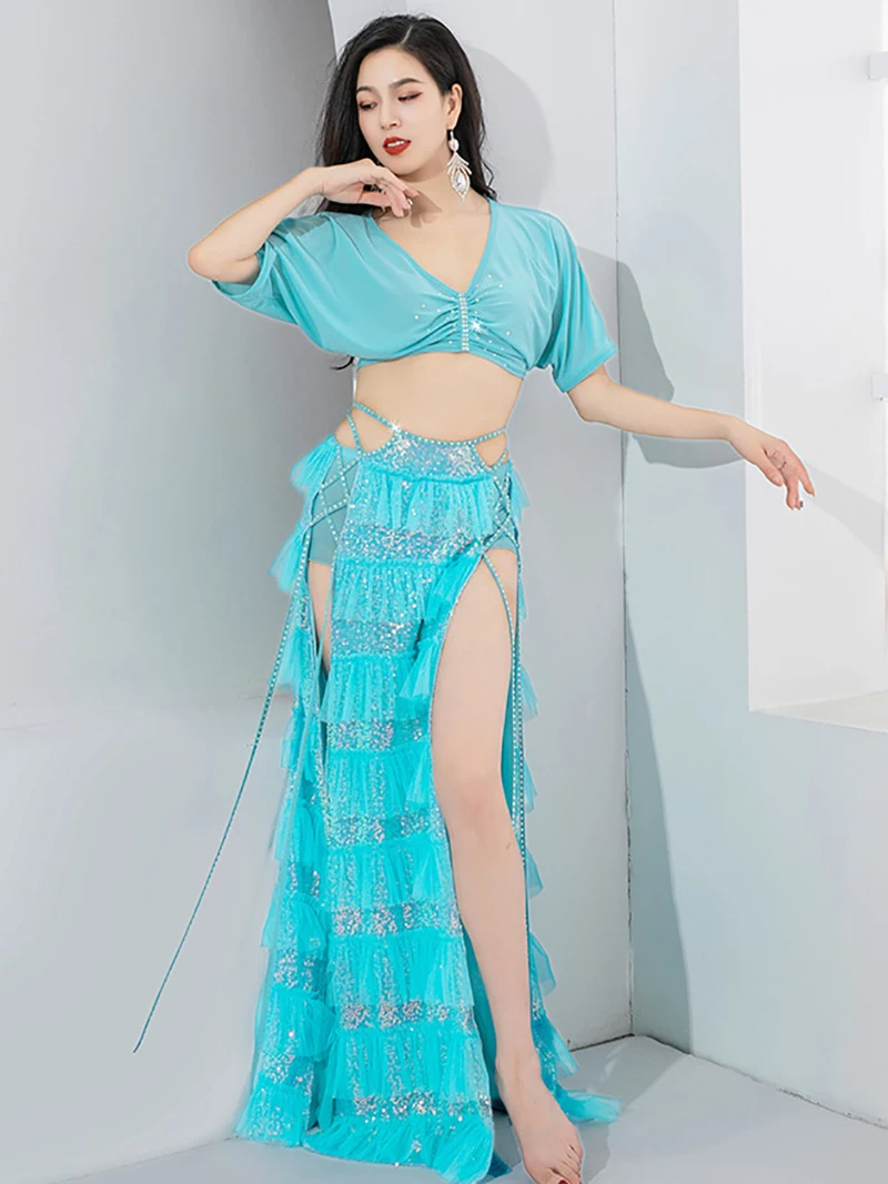 

Women Original Belly Dance Clothing Beautiful Top and Sequin Lotus Leaf Skirts Set Oriental Practice Class Dance Costume