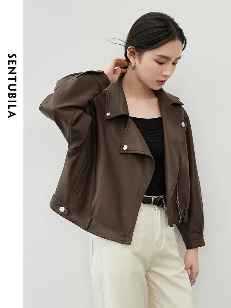 SENTUBILA Braune Pu-Kunstlederjacken für Damen, 2025, Herbst, Streetwear, langärmelig, kurze Ledermäntel, Bürodame W43G56293