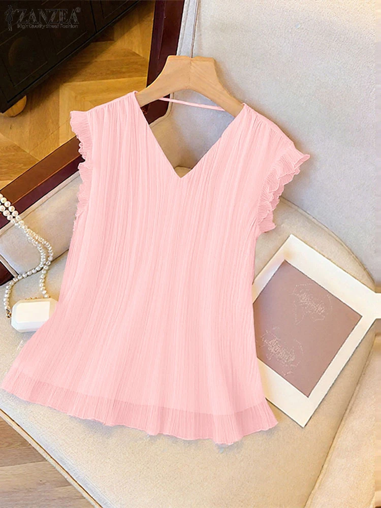 ZANZEA Vrouwen Chiffon Tanks Tops Zomer Tees Sexy V-hals Effen Kleur Shirts 2025, Fashion Casual Losse Mouwloze Verstoorde Shirts