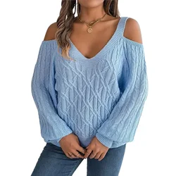 Elegant Lantern Sleeve Off The Shoulder Sweater Women Autumn Winter Thickened Warm Knitted Jumpers Female Casual Solid Color Top