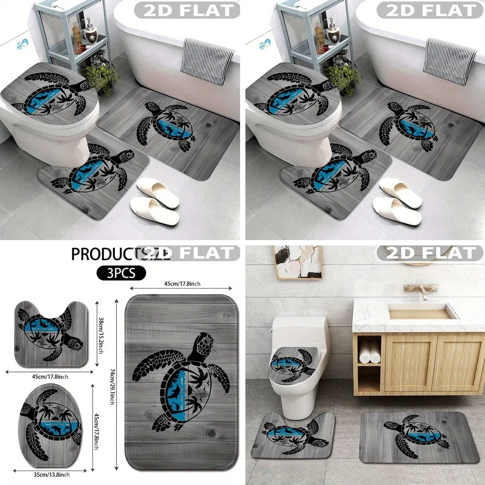

2D Flat 3pcs Bathroom Rug Set Turtle Sea Landscape Wood Texture Non-Slip Washable Floor Mat Decor for Kitchen Bathroom Bedroom