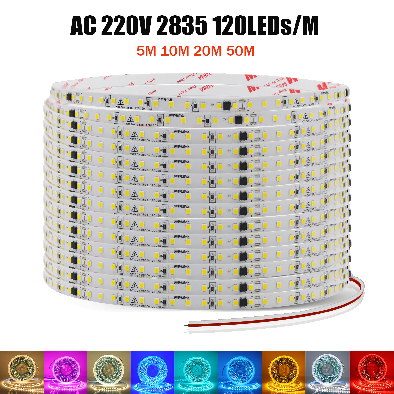 

AC 220V LED Strip 5M 10M 20M 50M IP44 Flexible LED Tape Ribbon 2835 120Leds/M Stripe Light with Adhesive for Home Decoration