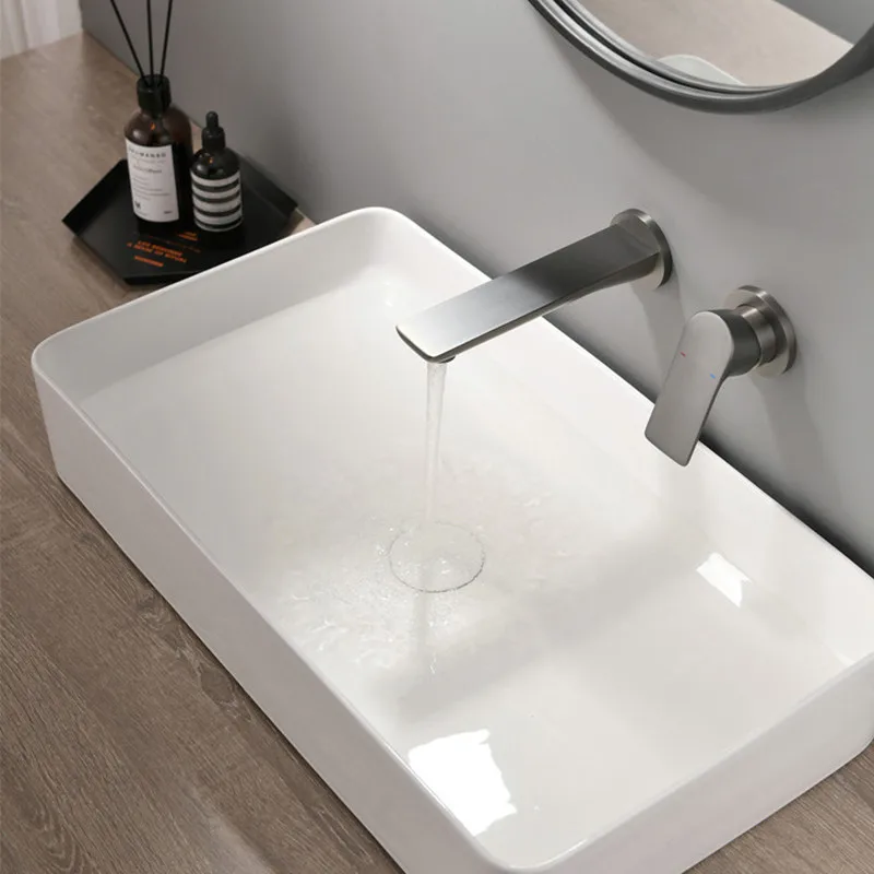 Brass Single Handle Two Hole Wall Mounted Bathroom Basin Faucet With Embedded Box Hot And Cold Mixer Tap Gun Grey Basin Faucet