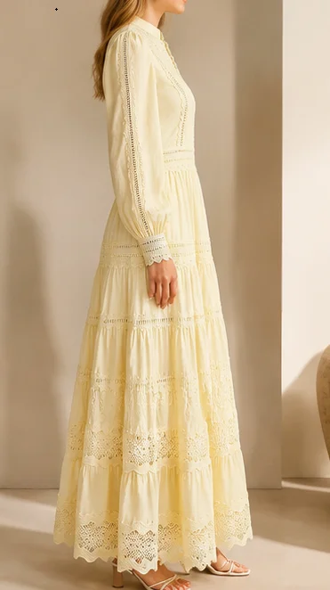 

Butter Yellow Elegant Vacation Lace Embroidery Hollow Out Blouse And Skirt Two Piece Set Women Spring Summer Festival Graduation