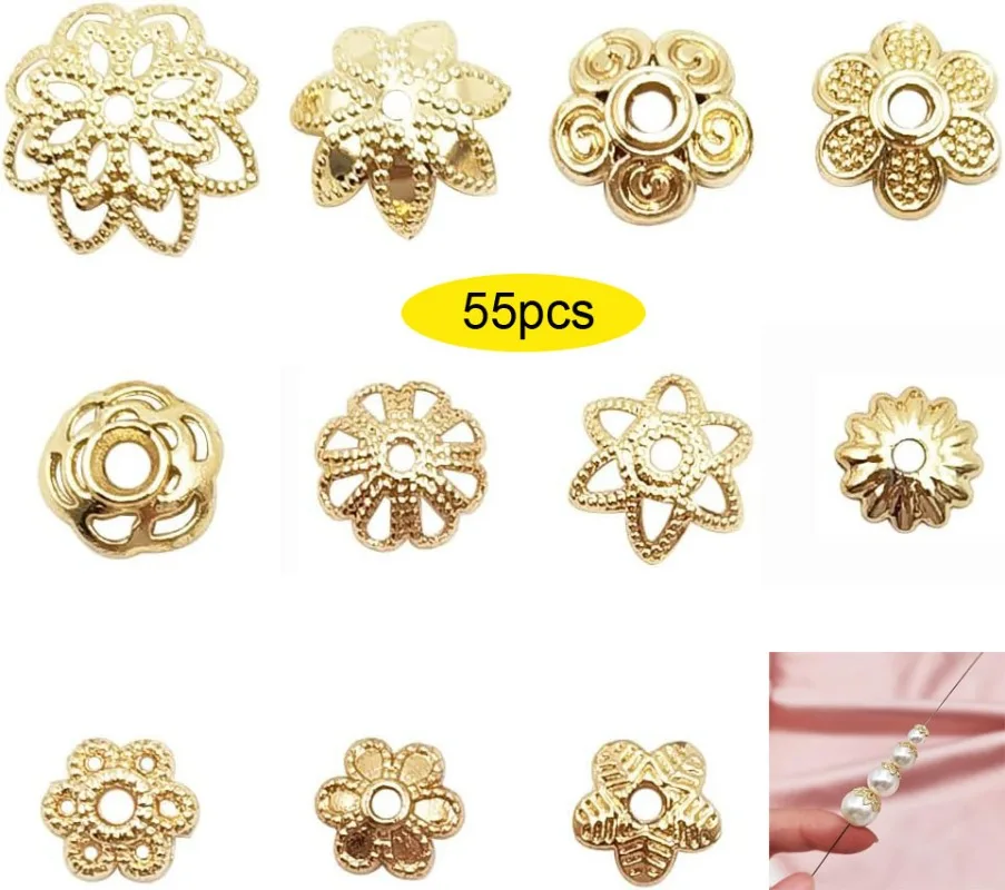 55pcs Bead Caps Gold Plated Long-Lasting Metal Filigree Flower Cup Shape Bead for Jewelry Bracelet Necklace Making