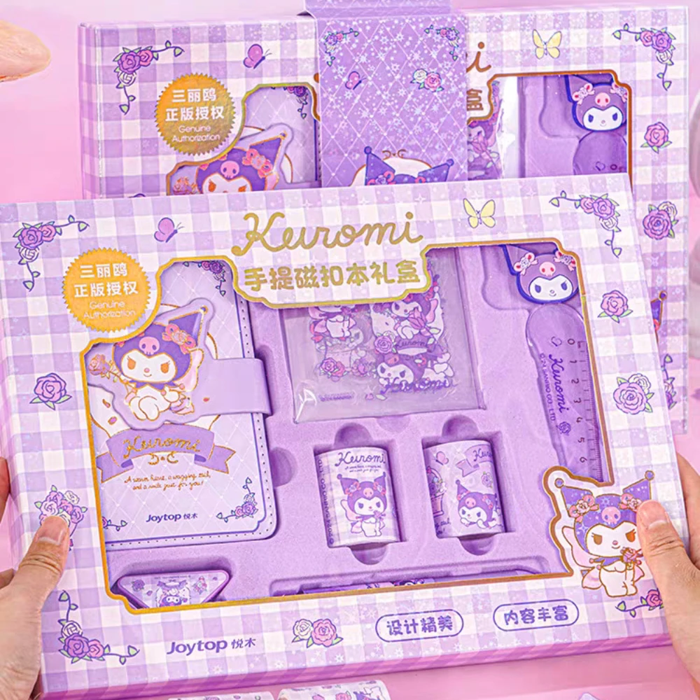 

Натуральный набор канцелярских принадлежностей Kuromi Melody, подарочная коробка, милый студенческий блокнот Sanrio, линейка, мультяшный набор дневника, студенческий приз, подарки для девочек