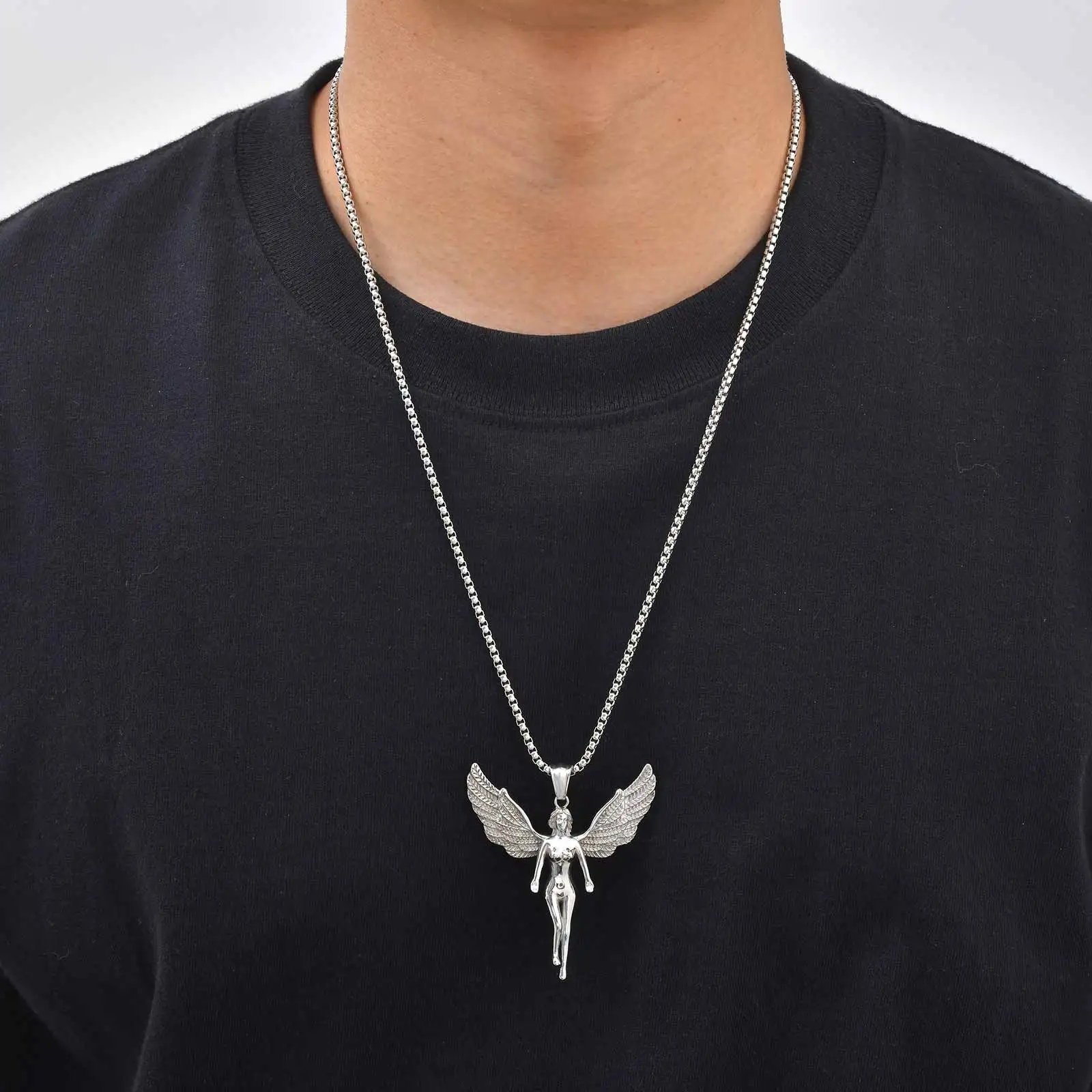 Engel-Halskette mit Ausgebreiteten Flügeln für Männer, 3D Silberfarbener Edelstahl Weiblicher Engel, Rock-Punk-Schmuck Geschenk – Detail 6