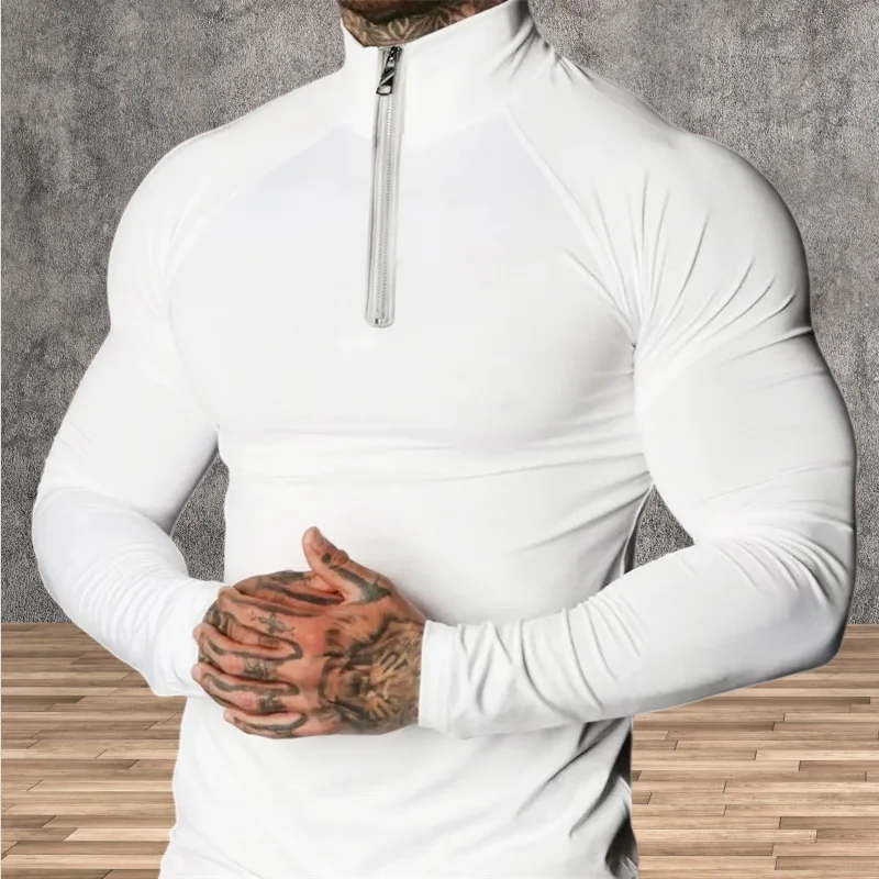 Men Tight T-shirt Gym Running Exercise Elastic Long Sleeves Sweatshirt Half Zip High Neck Tops Fitness Compression Sport T-shirt