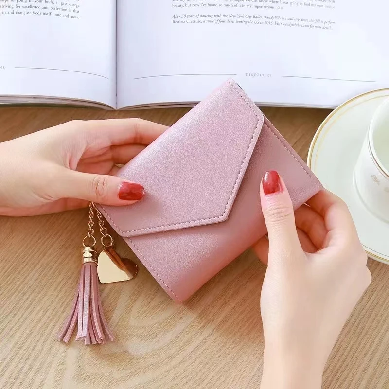 Fashion Short Wallets Mini Tassel Pendant Wallet Handbag for Girl PU Leather Card Holder Foldable Portable Lady Coin Purses