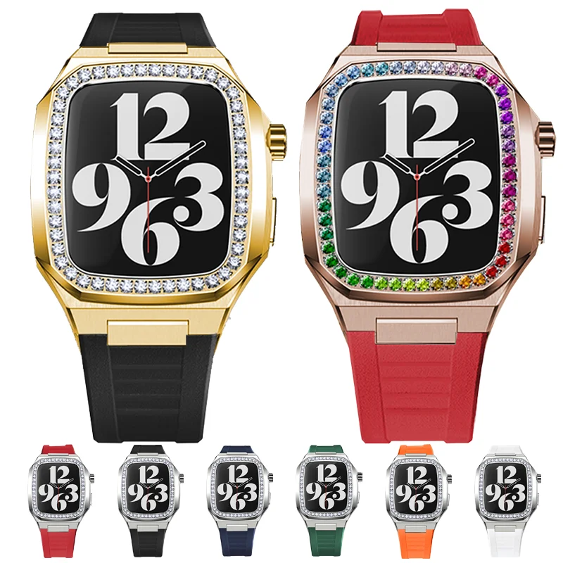 

Luxury Modification Kit For Apple Watch 9 8 7 SE2 45MM Diamond Case For iwatch Series 6 5 4 SE 44MM Rubber Strap Refit Mod