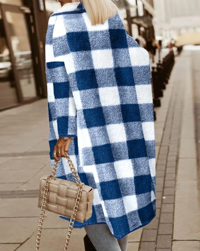 Winter Coat for Women 2023 Autumn Fashion Plaid Pattern Fuzzy Casual Turn-Down Collar Long Sleeve Daily Longline Cardigan Coat