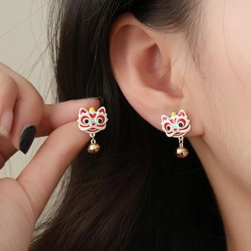 Chinese Style 2024 Red Little Lion Bell Pendant Earrings for Women The Year of The Dragon Gift New Year Festive Jewelry Gifts