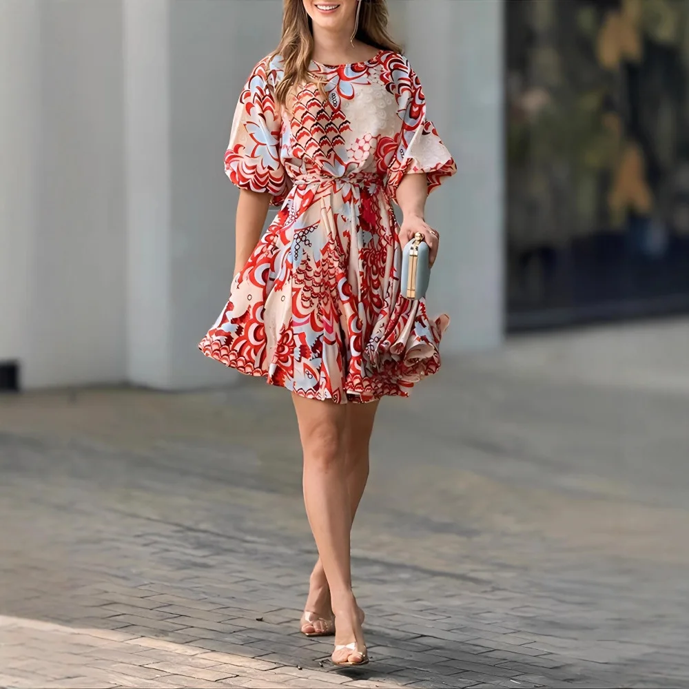 Femmes moulante taille haute mode d'été imprimé abstrait manches bouffantes Mini robe taille décontractée une ligne robe évasée
