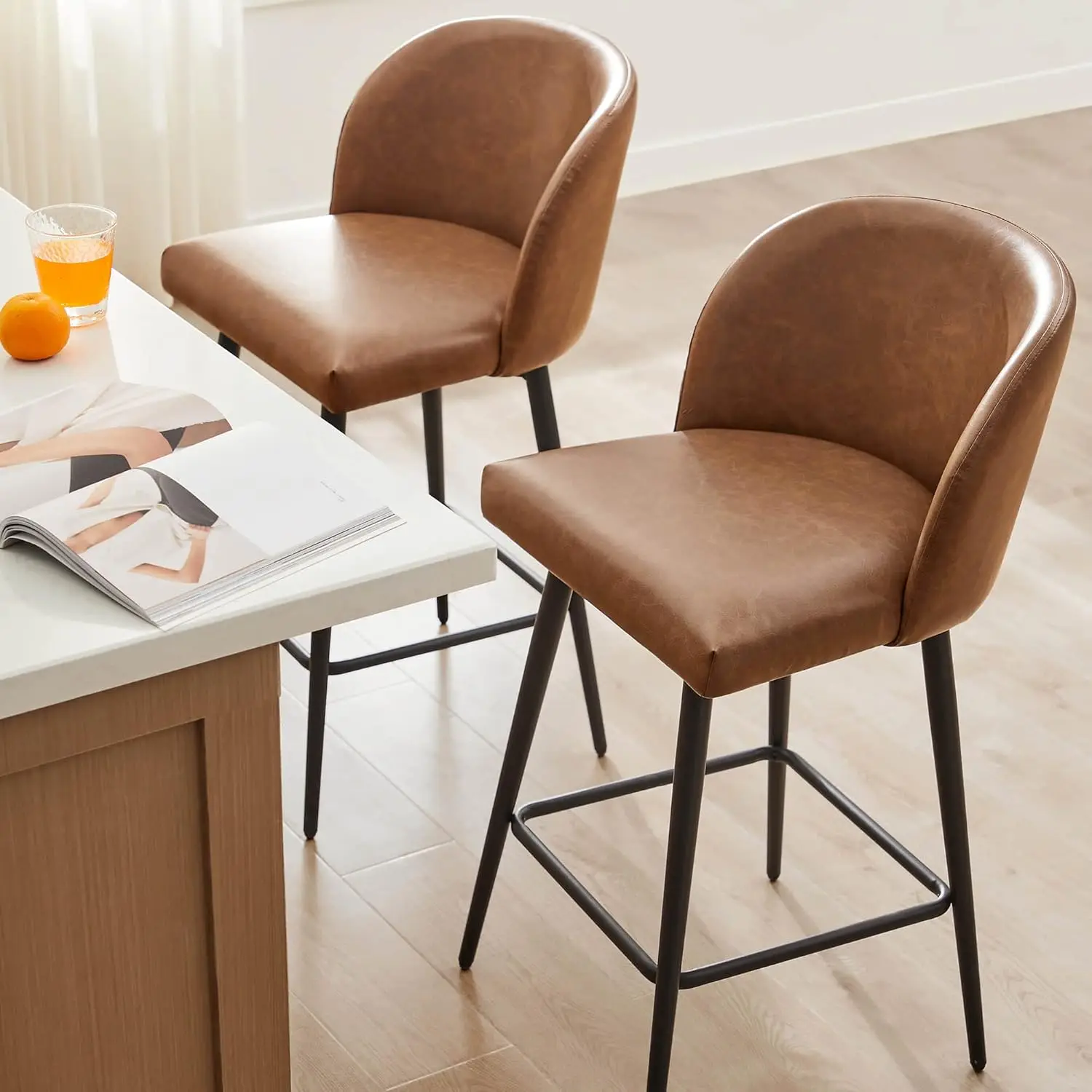 Watson & Whitely Counter Height Bar Stools Set of 2, 360° Swivel Upholstered Barstools with Backs and Metal Legs, 26" H Seat Hei