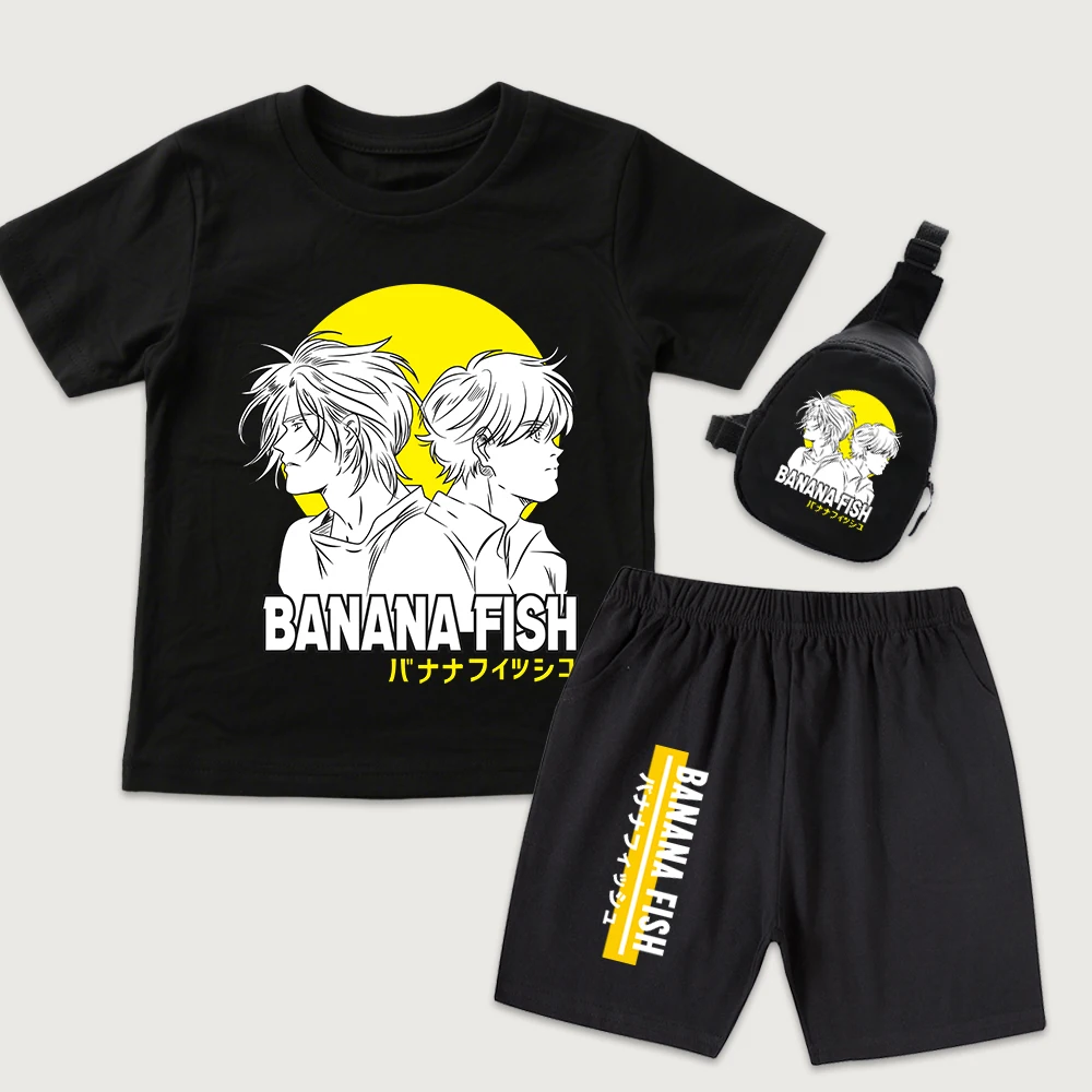 Banana Fish Anime Print Kids Cotton T Shirt Shorts Mini Chest Bag 3 Piece Set for Boys Girls Casual Summer Outfit