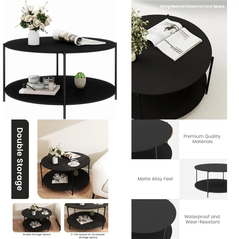

Black 2-Tier Wooden Coffee Table with Storage Shelf for Living Room and Small Apartment Bedrooms