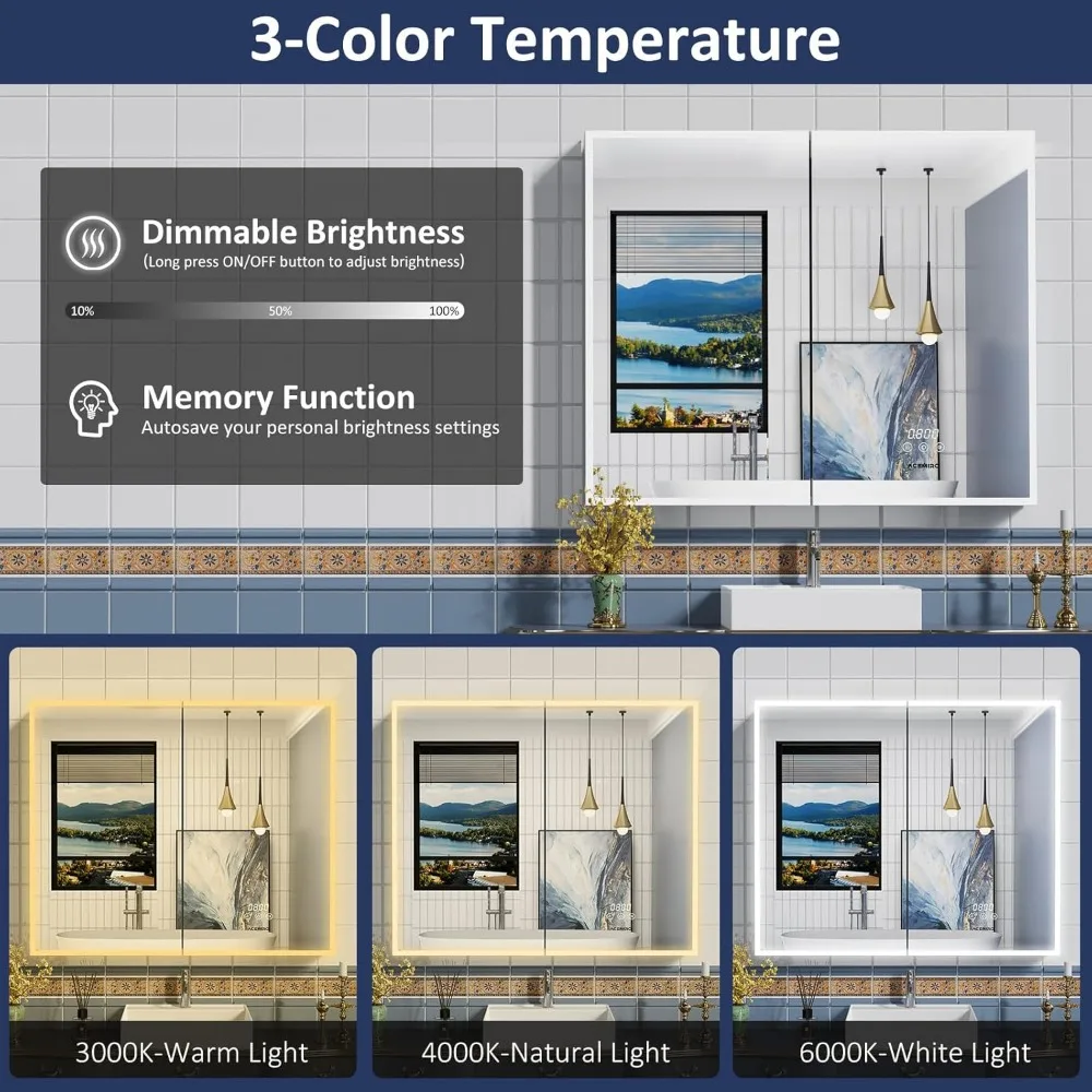 Lighted Medicine Cabinet with Mirror 36×30 Inch, Surface or Recessed Lights, Clock&Temp Display, Defogger, Dimming, LED Bathroom