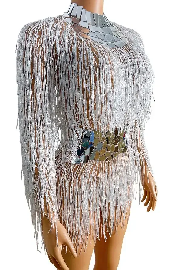 Sparkly Mirrors Fringes Bodysuit Birthday Celebrate Outfit Backless Dance Costume Women Dancer Tassel Leotard Show Stage Wear
