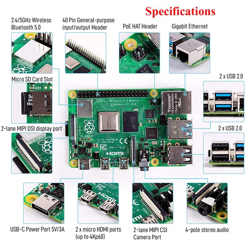 Original Raspberry Pi 4 1GB 2GB 4GB 8GB RAM 64bit QuadCore Cortex-A72 1.5GHz Built-in WiFi BT Support 4K Video Pi4 4B