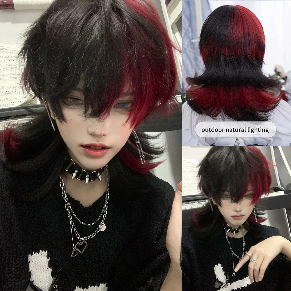 16Inch Black and Red Color Handsome Synthetic Wig With Bang Medium Natural Wavy Hair Wig for Man or Women Cosplay Heat Resistant