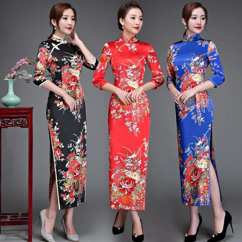 

Old Shanghai Elegant Women Satin Qipao Slim 3/4 Sleeve Long Dress New Traditional Chinese Mandarin Collar Cheongsam Vestidos