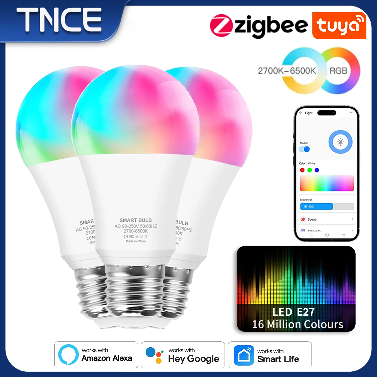 TNCE Tuya E27 Bulb Zigbee gu10 E14, RGB Dimmable Light, LED candle lamp 2700-6500k, Smart Life APP, Voice with Alexa Google Home