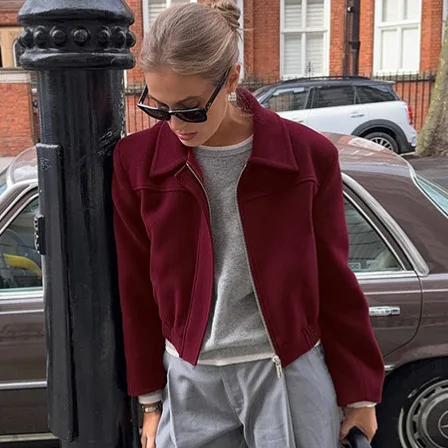 

Retro Burgundy Autumn Women's Jacket Lapel Collar Zipper Fly Panelled Outwear For Female Slouchy-Style High Street Lady's Coat