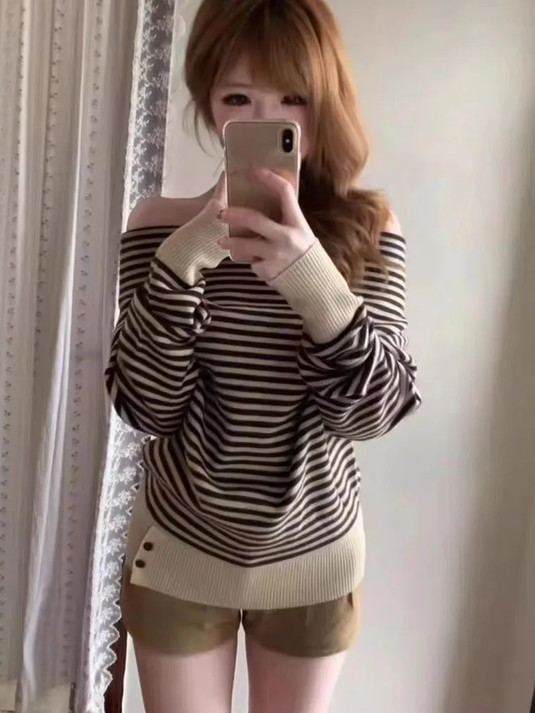 Women Knitted Sweater Striped Printed Loose Slash Neck Off Shoulder Vintage Pullover Autumn New Fashion Female Tops