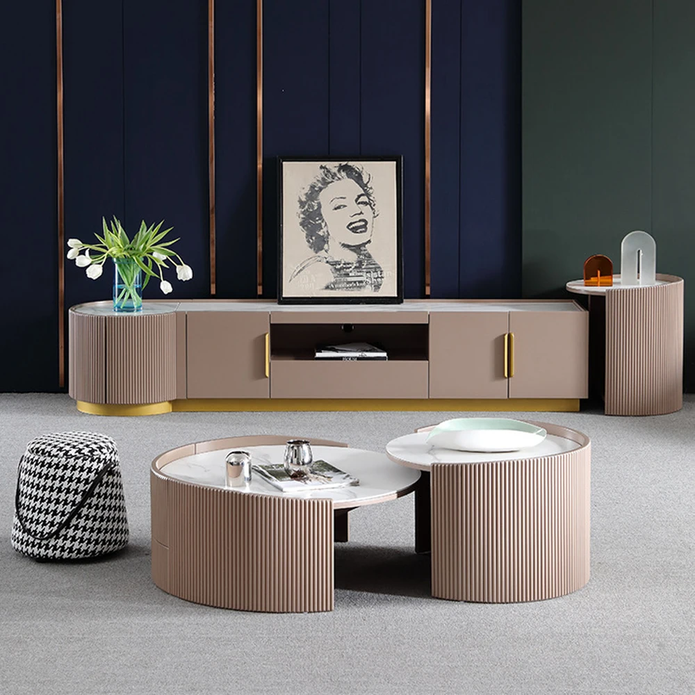 Linlamlim Contemporary Nordic Wood and Gold Stainless Steel Living Room Furniture Set with Marble Top Coffee Table and TV Stand