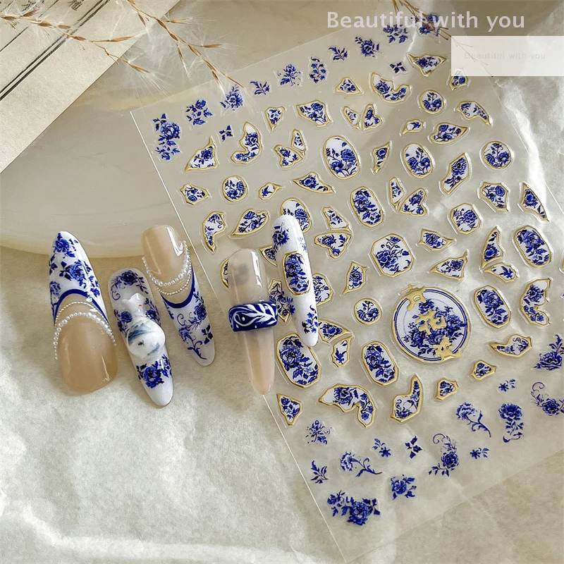 

Chinese Style Blue And White Porcelain Nail Sticker Midnight Blue Floral Ceramic Nail Art Decal Slef Adhesive DIY Manicure Salon