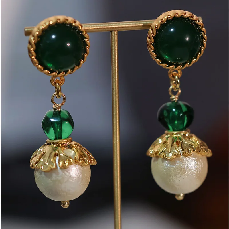

Vintage green glazed Japanese cotton Pearl Pendant Earrings