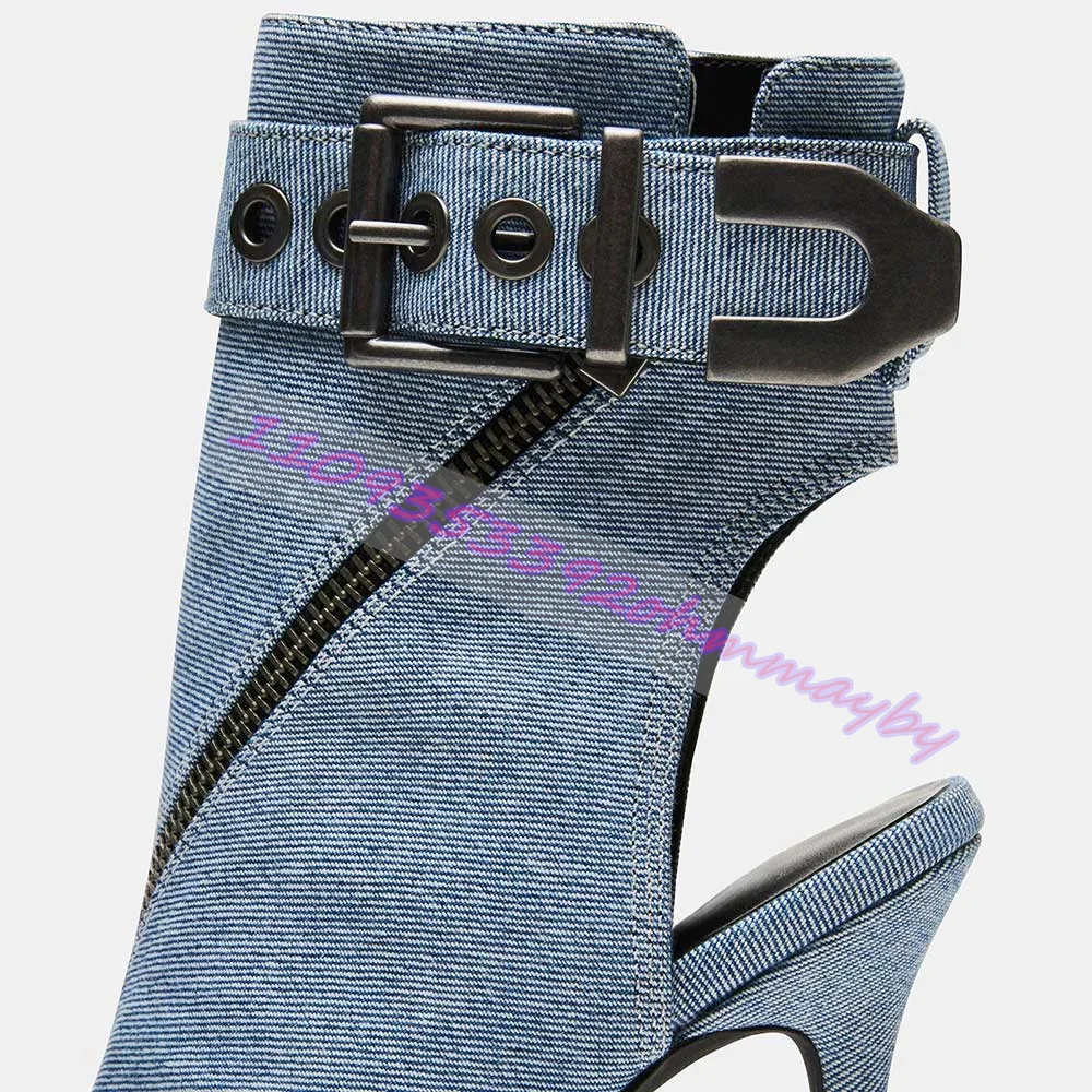Summer Blue Denim Pointed-Toe Boots For Women Open-Toe Leather Belt Buckle Sandals Fashion Metal Pointed-Toe Zipper High Heels view 4